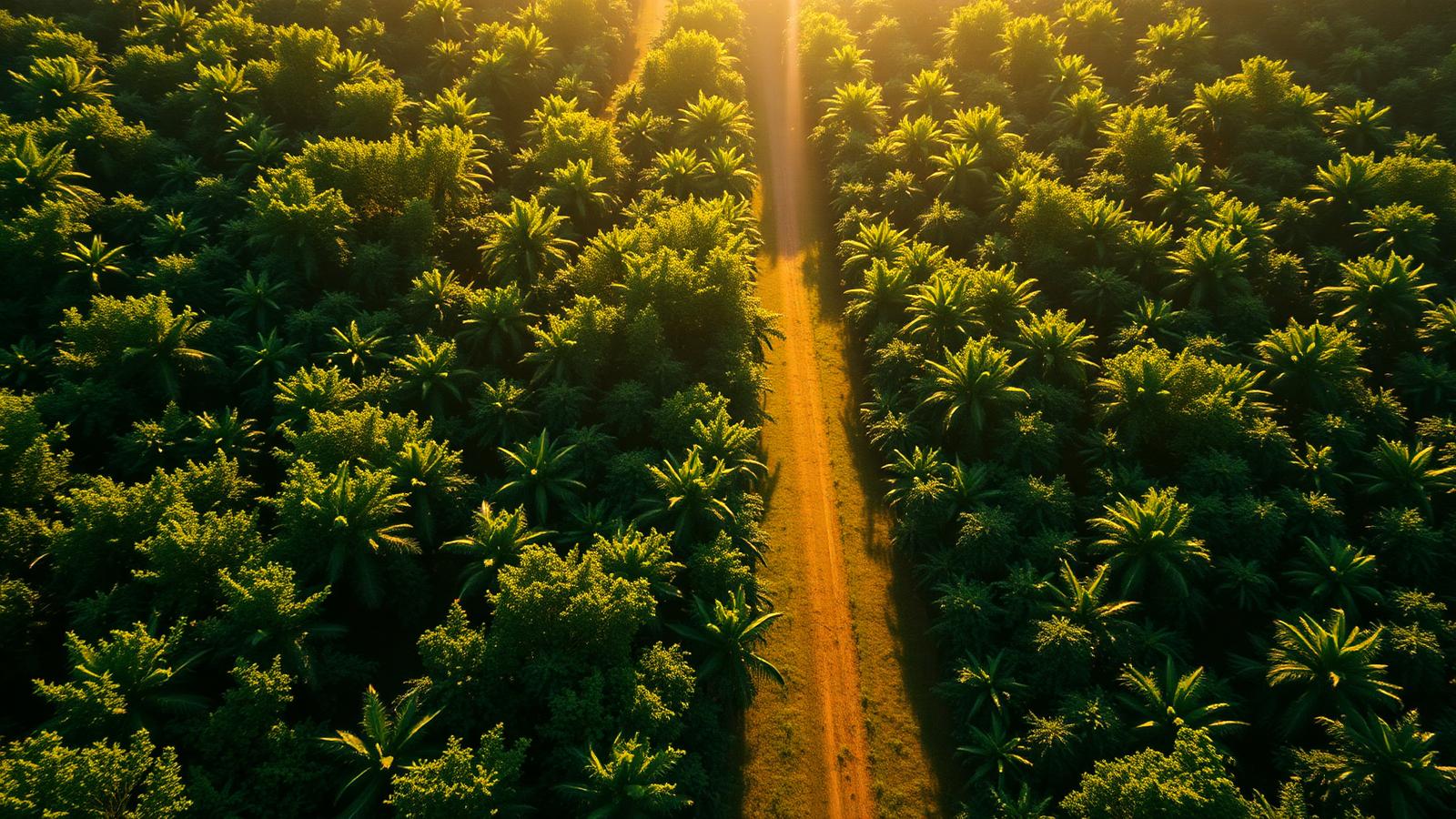 Aerial view of a lush Brazilian tropical fruit orchard at golden hour